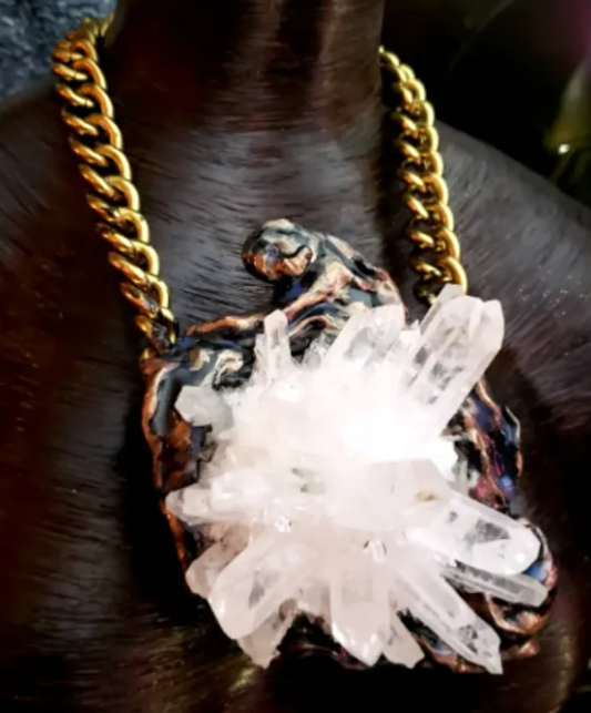 White Quartz Flower Cluster Sculpted Gemstone Pendant Unisex, Spiky Cr