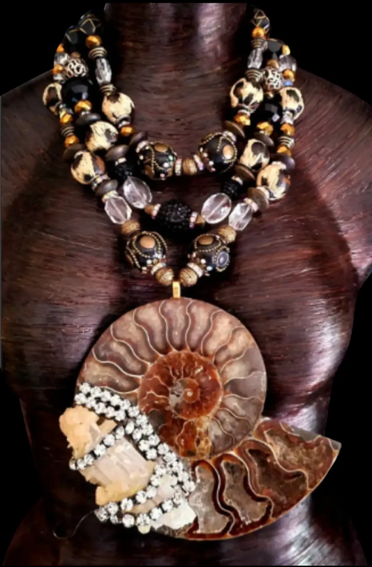 Ammonite & Quartz Chest Piece with Ornate Multi Strand Beaded Necklace