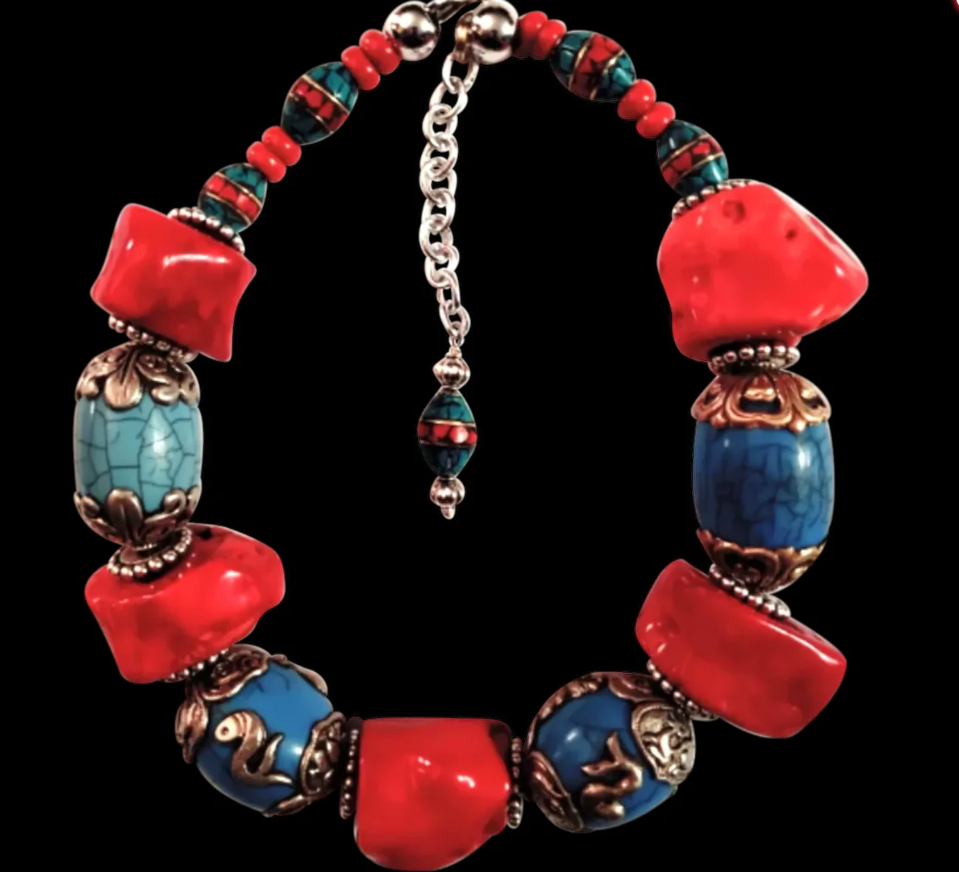 Chunky Red Coral & Tibetan Blue Resin Tribal Choker - Asian Drama