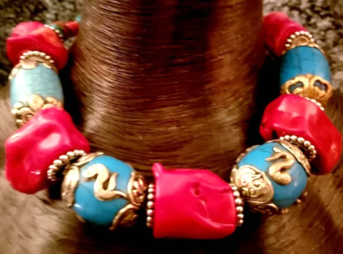 Chunky Red Coral & Tibetan Blue Resin Tribal Choker - Asian Drama