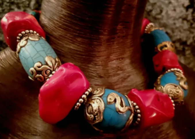 Chunky Red Coral & Tibetan Blue Resin Tribal Choker - Asian Drama