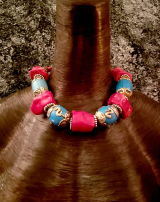 Chunky Red Coral & Tibetan Blue Resin Tribal Choker - Asian Drama
