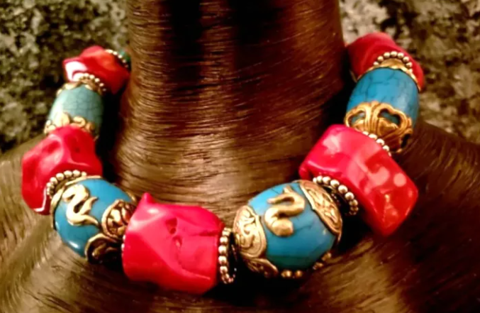 Chunky Red Coral & Tibetan Blue Resin Tribal Choker - Asian Drama