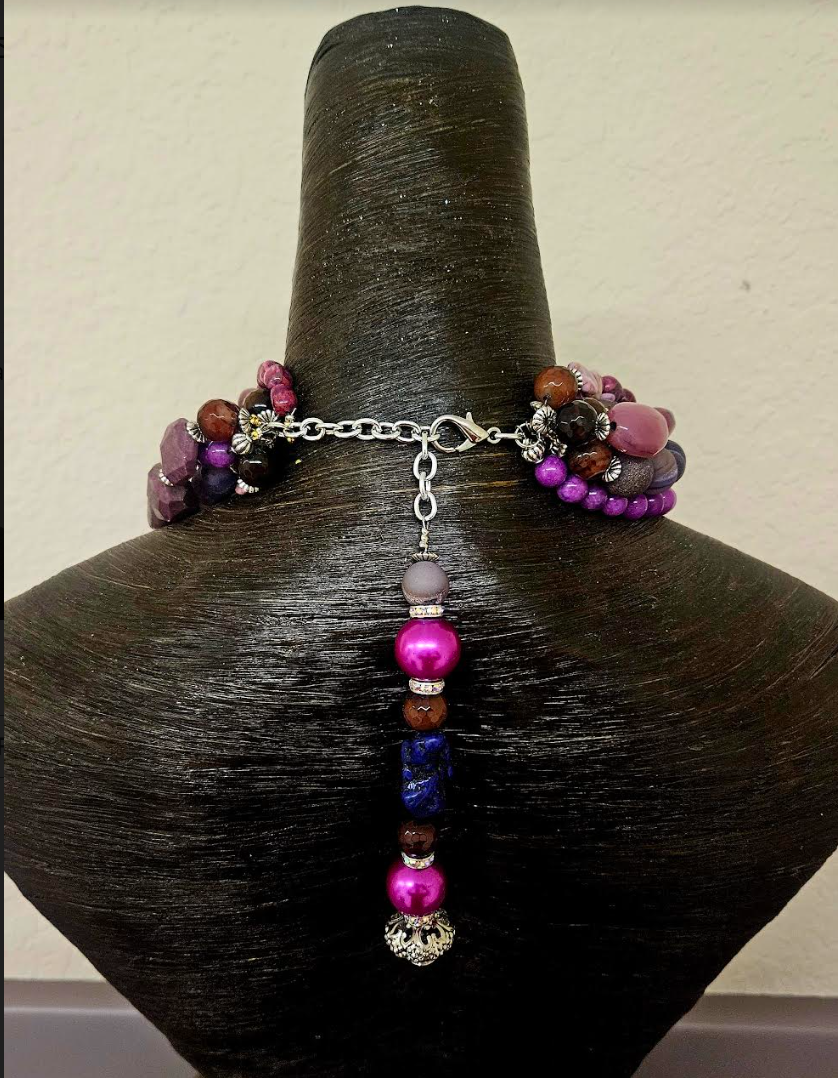 Purple & Pink Mixed Gemstone Multi Strand Statement Luxury Necklace, R