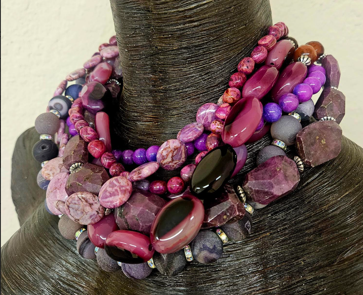 Purple & Pink Mixed Gemstone Multi Strand Statement Luxury Necklace, R