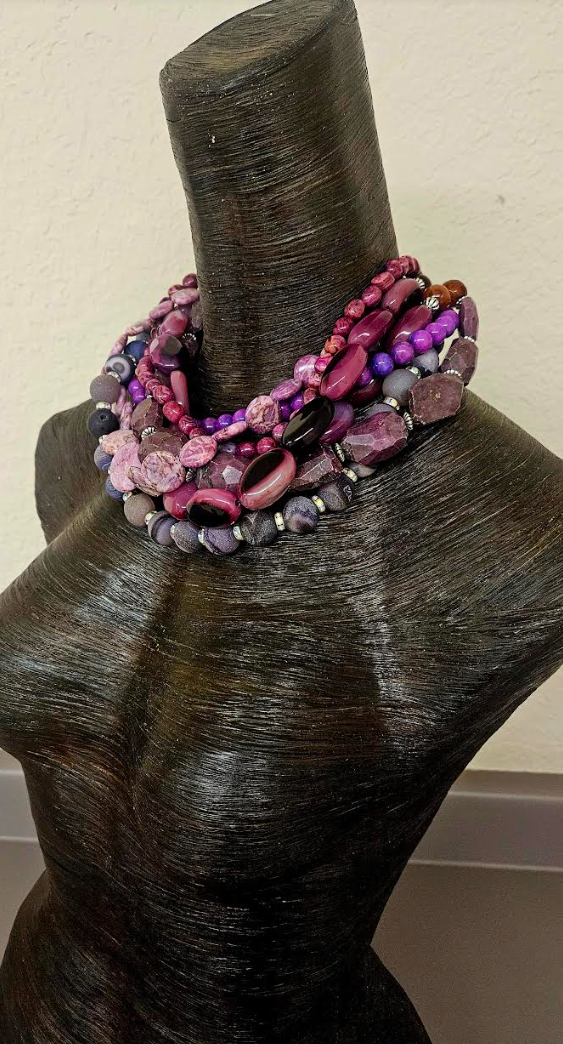 Purple & Pink Mixed Gemstone Multi Strand Statement Luxury Necklace, R