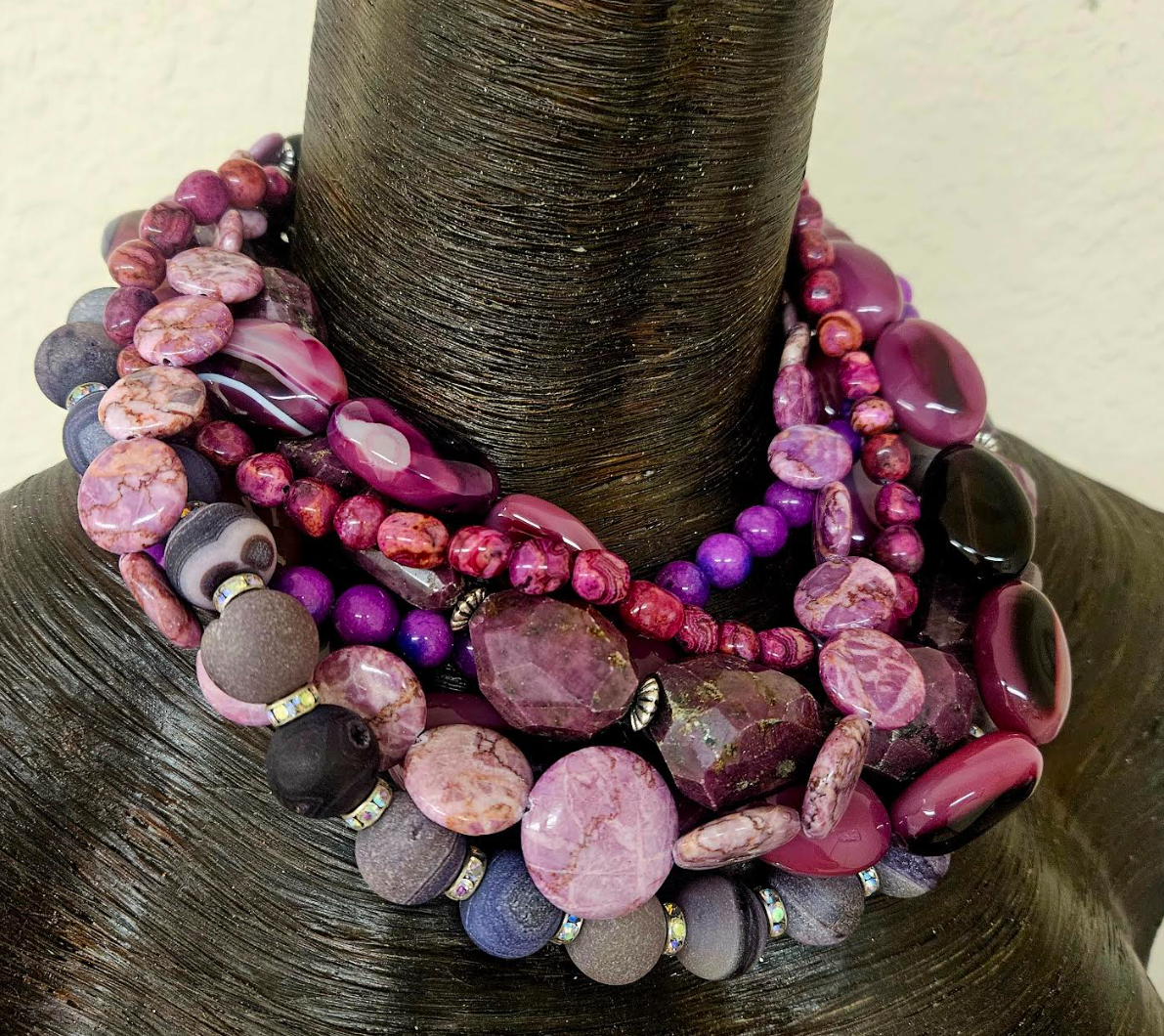 Purple & Pink Mixed Gemstone Multi Strand Statement Luxury Necklace, R