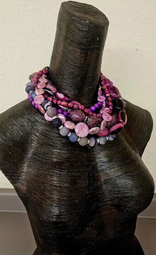 Purple & Pink Mixed Gemstone Multi Strand Statement Luxury Necklace, R