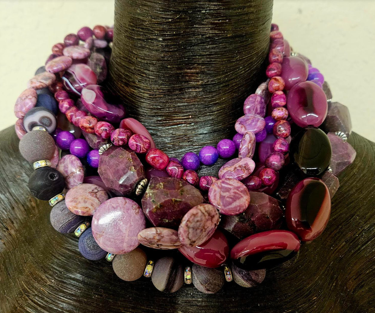 Purple & Pink Mixed Gemstone Multi Strand Statement Luxury Necklace, R