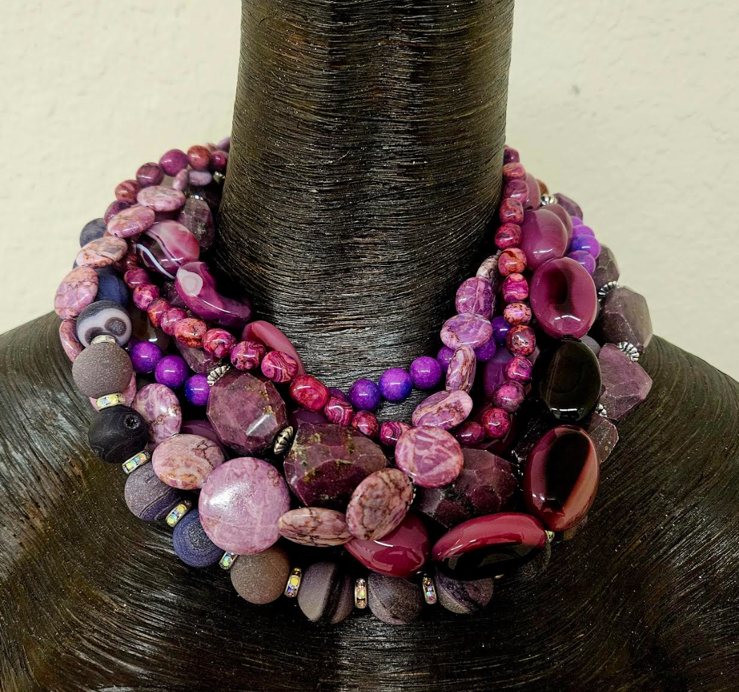 Purple & Pink Mixed Gemstone Multi Strand Statement Luxury Necklace, R
