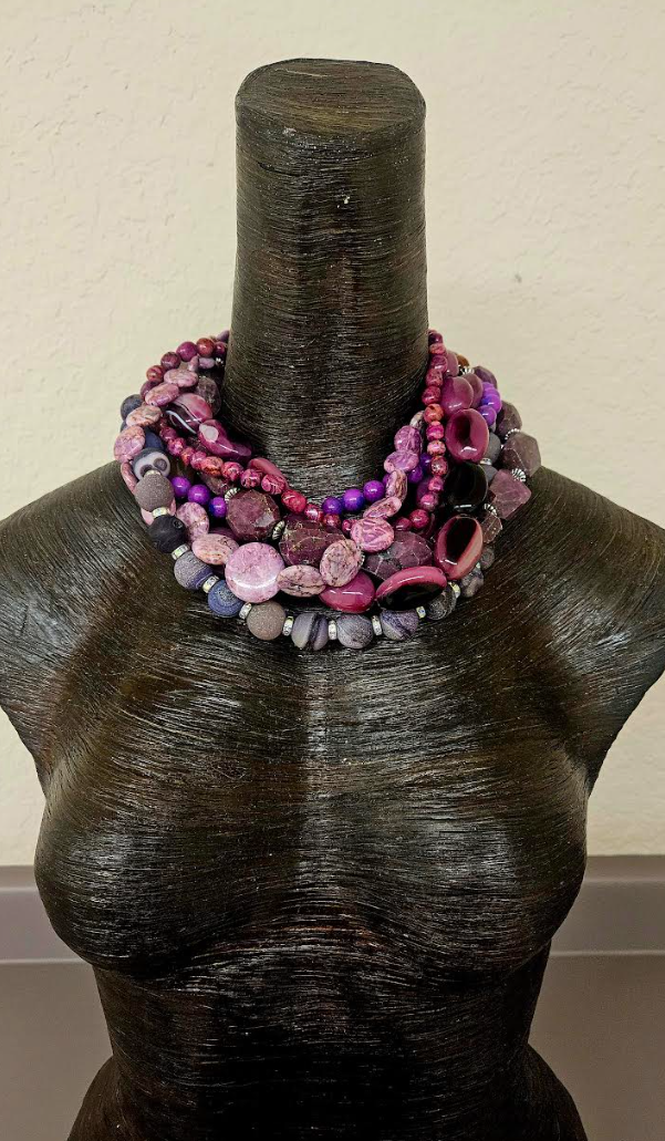 Purple & Pink Mixed Gemstone Multi Strand Statement Luxury Necklace, R