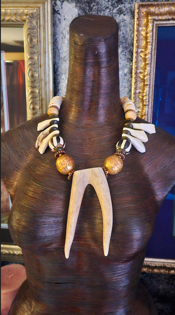 Wild & Exotic Sculpted Antler Incisor Bone and Shell Tribal Unisex Sta
