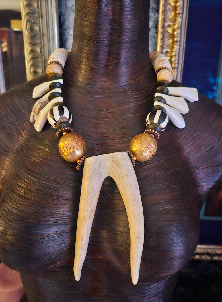 Wild & Exotic Sculpted Antler Incisor Bone and Shell Tribal Unisex Sta