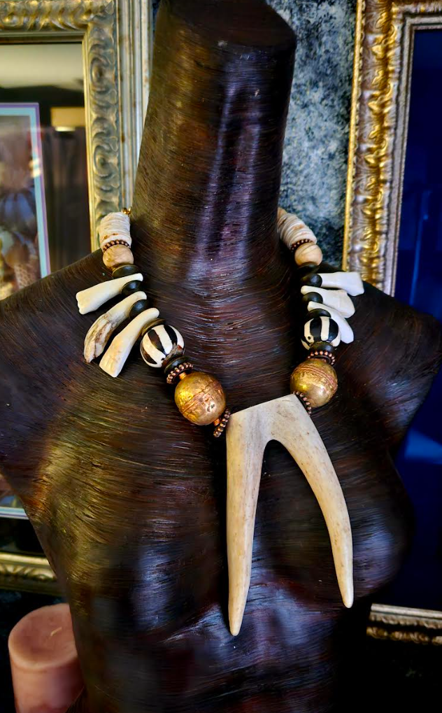 Wild & Exotic Sculpted Antler Incisor Bone and Shell Tribal Unisex Sta