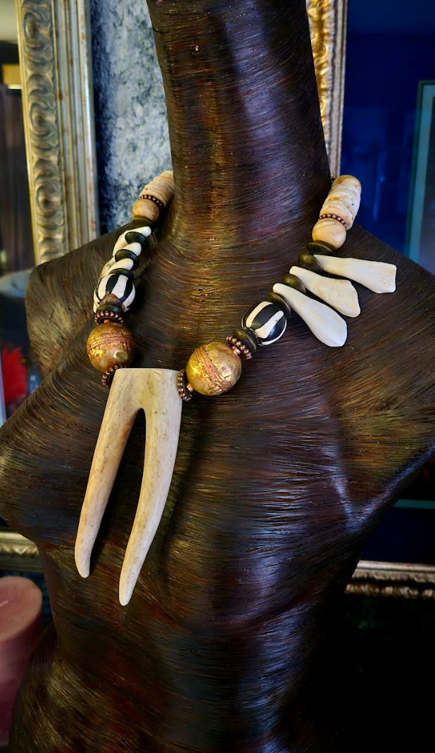 Wild & Exotic Sculpted Antler Incisor Bone and Shell Tribal Unisex Sta