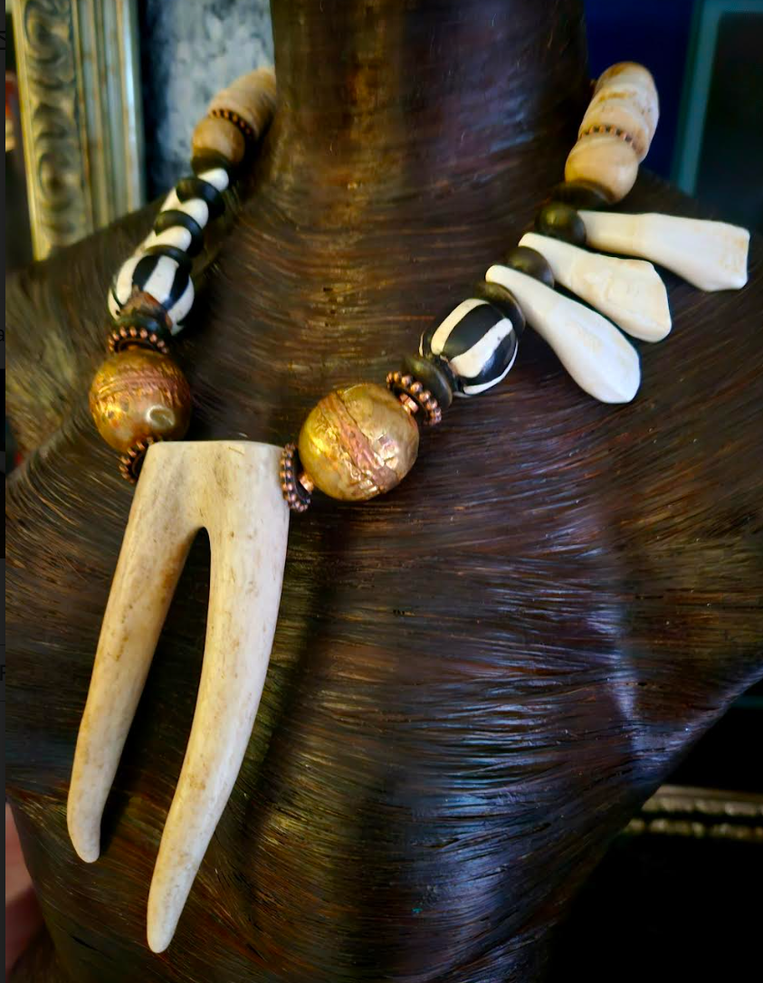 Wild & Exotic Sculpted Antler Incisor Bone and Shell Tribal Unisex Sta