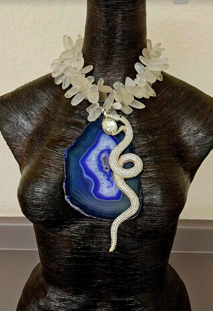 Purple Agate & Rhinestone Snake Statement Gemstone Pendant with Froste