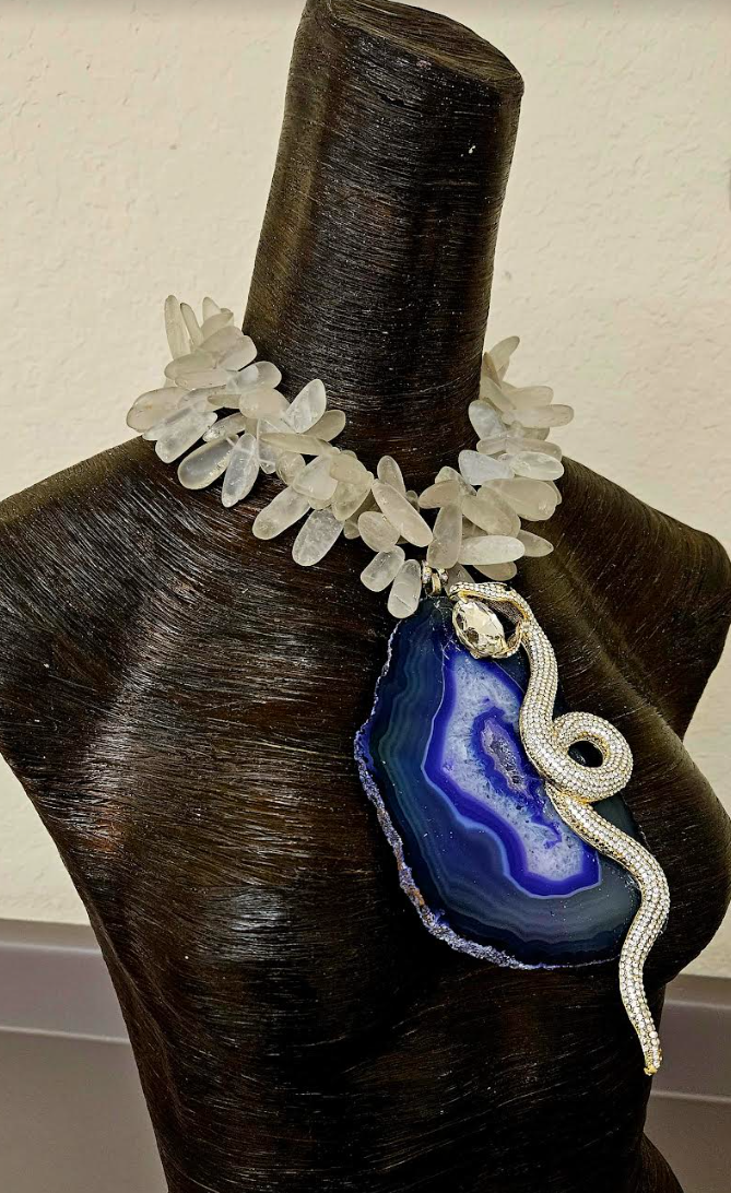 Purple Agate & Rhinestone Snake Statement Gemstone Pendant with Froste
