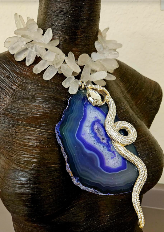 Purple Agate & Rhinestone Snake Statement Gemstone Pendant with Froste