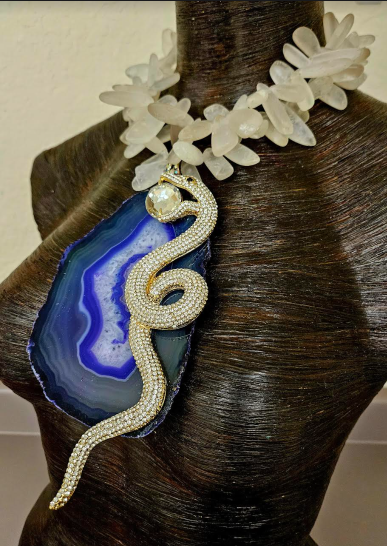 Purple Agate & Rhinestone Snake Statement Gemstone Pendant with Froste