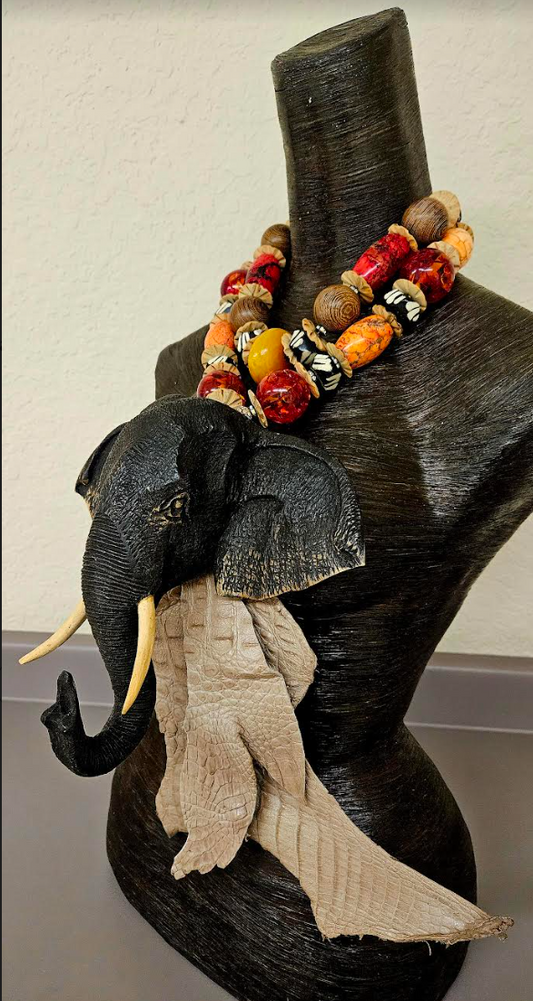 Massive Wood Elephant Beaded Chest Piece - OOAK Wearable Art