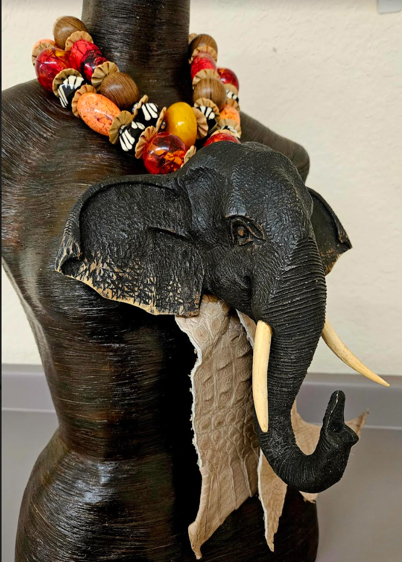 Massive Wood Elephant Beaded Chest Piece - OOAK Wearable Art