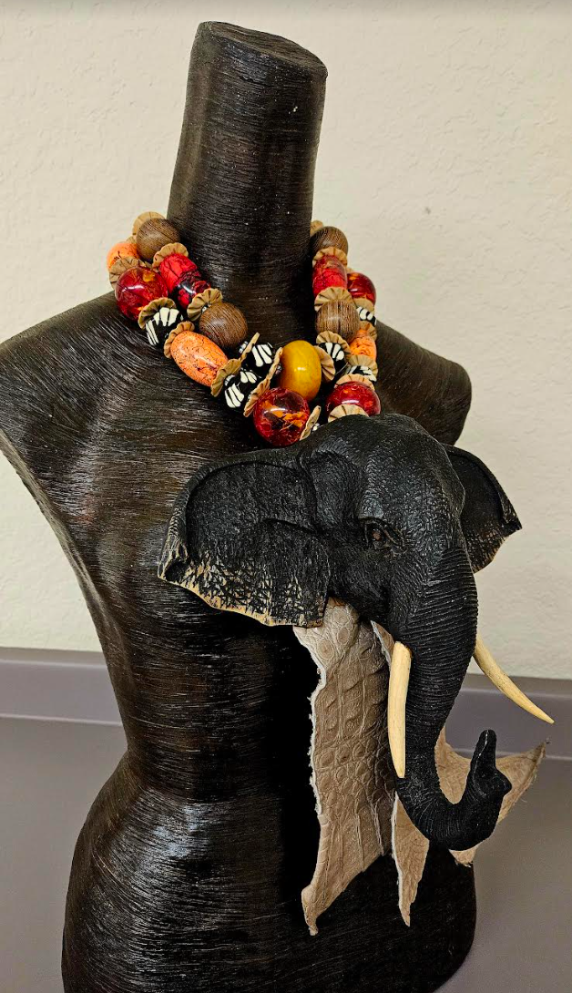 Massive Wood Elephant Beaded Chest Piece - OOAK Wearable Art