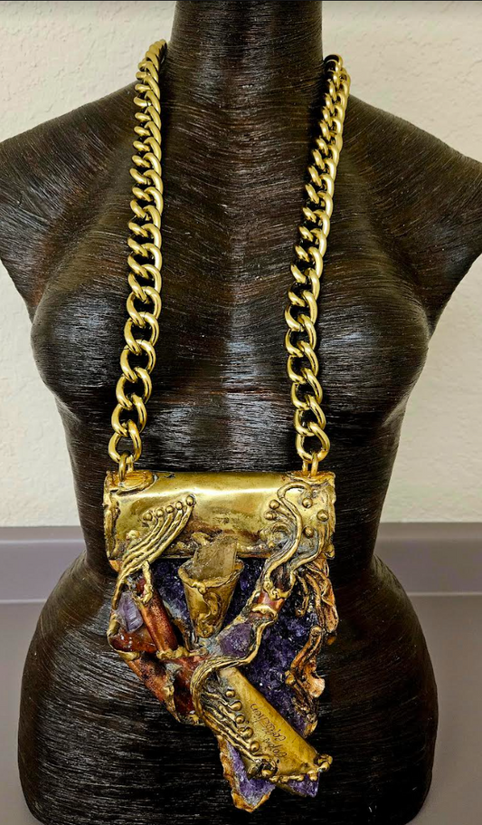 Brutalist Copper Brass & Amethyst Talisman - Rocker Chic