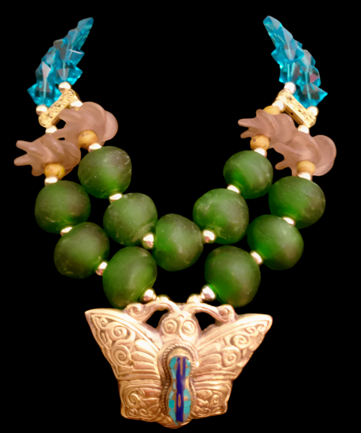 Oversized African Glass Beaded Luxury Necklace With Brass Buttterfly