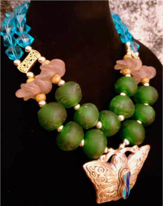 Oversized African Glass Beaded Luxury Necklace With Brass Buttterfly