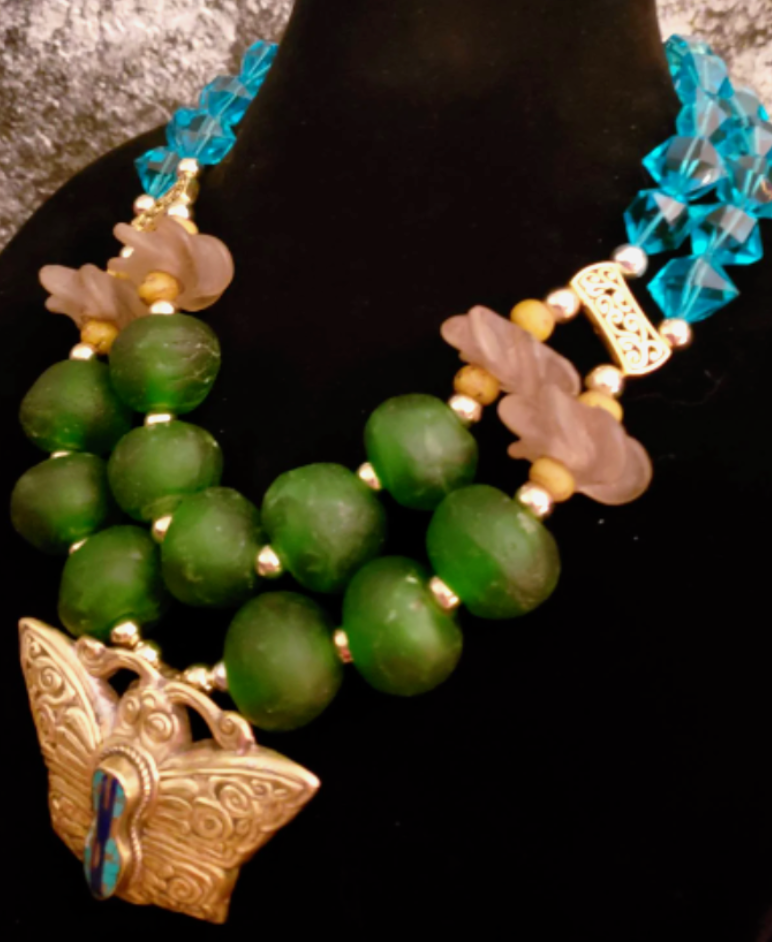 Oversized African Glass Beaded Luxury Necklace With Brass Buttterfly