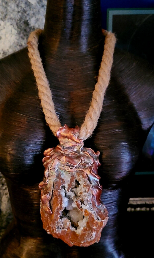 Rustic Crystal Geode & Jute Rope for Men Sculpted Earthy Talisman