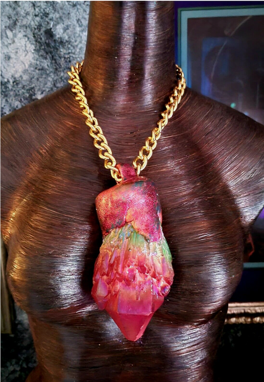 Red Aura Record Keeper Quartz Pendant - Mens Pop of Color