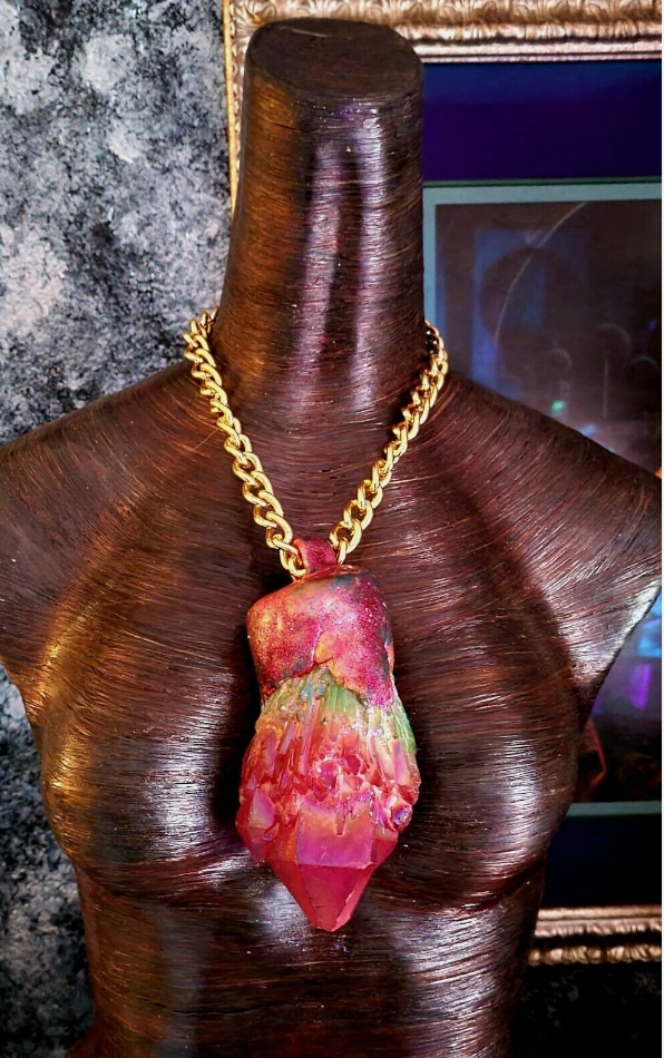 Red Aura Record Keeper Quartz Pendant - Mens Pop of Color