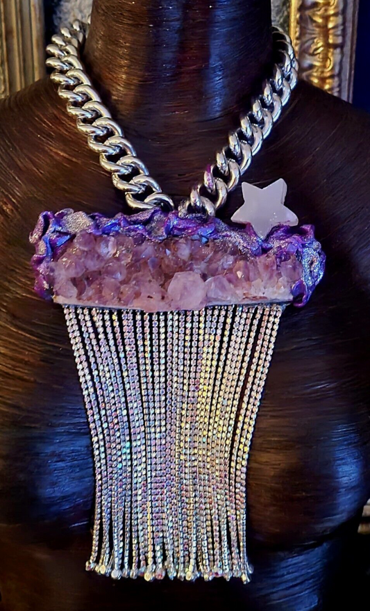 Rough Amethyst & Rhinestone Fringe Bold Statement Pendant