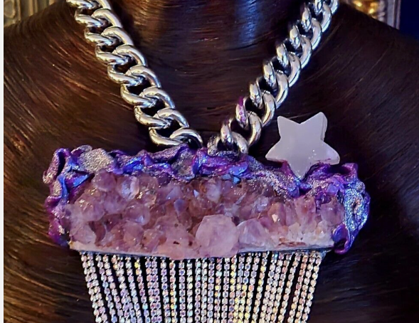 Rough Amethyst Rhinestone Statement Gemstone Pendant Bling Bling Ar
