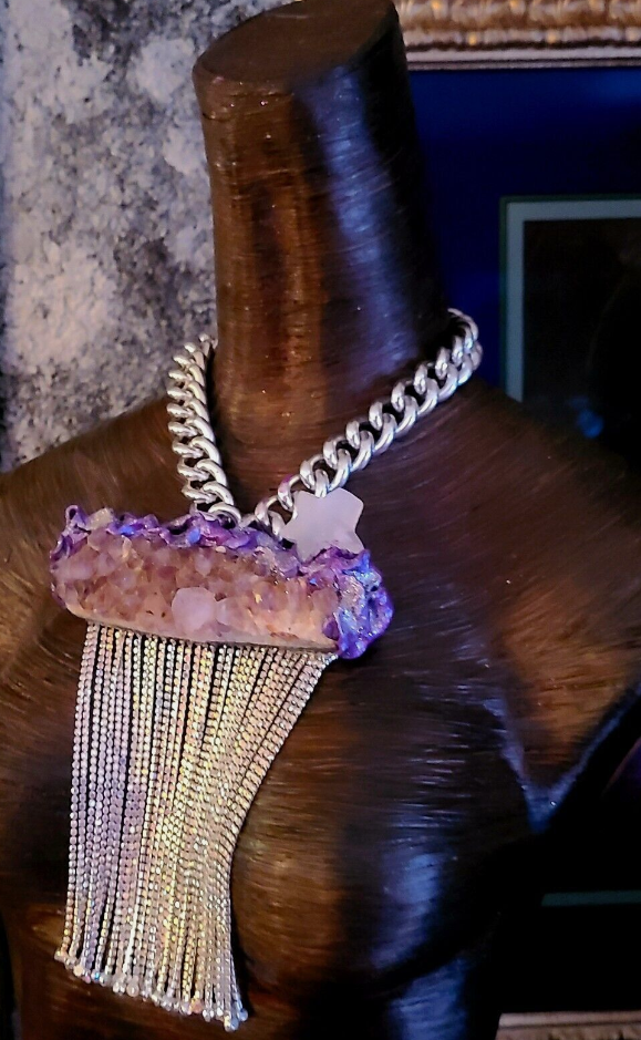 Rough Amethyst Rhinestone Statement Gemstone Pendant Bling Bling Ar