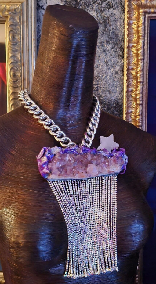 Rough Amethyst Rhinestone Statement Gemstone Pendant Bling Bling Ar