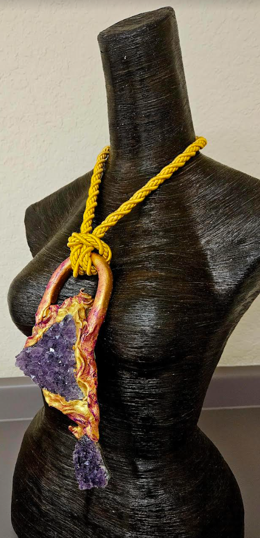 Double Amethyst Sculpted Avant Garde Statement Gemstone Pendant