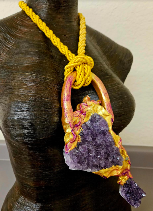 Double Amethyst Sculpted Avant Garde Statement Gemstone Pendant