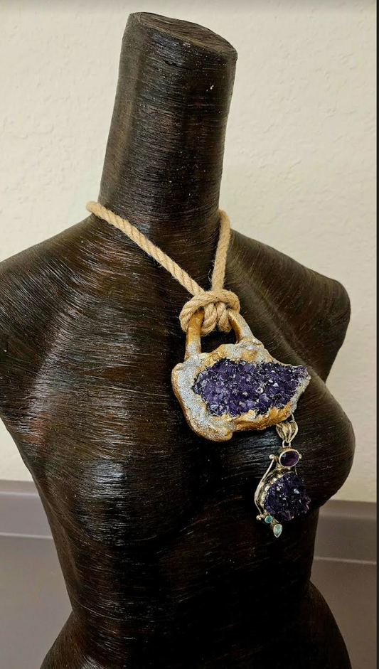 Rough Amethyst Sculpted Statement Gemstone Pendant With Jute Rope Pu