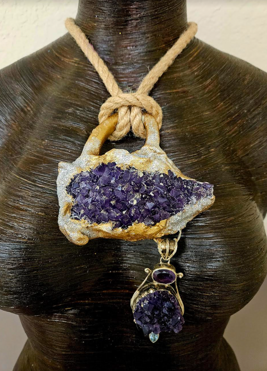 Raw Amethyst & Blue Topaz Unisex Chest Piece - Hemp Rope