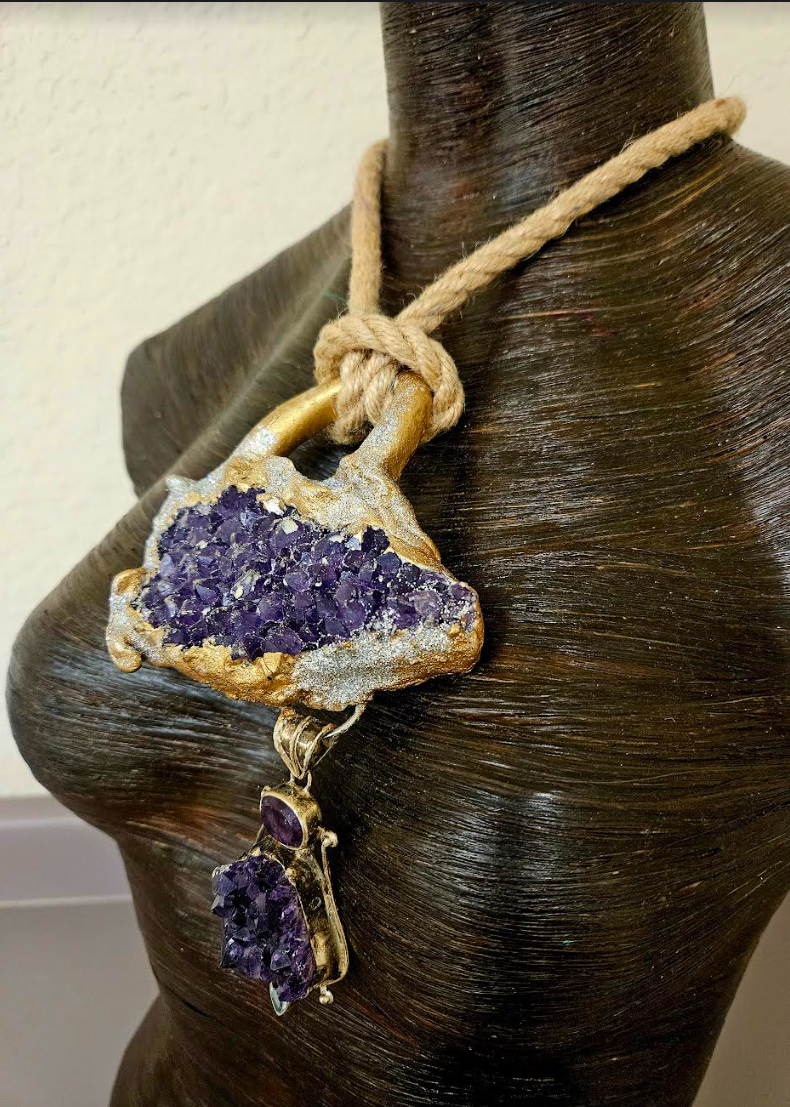 Rough Amethyst Sculpted Statement Gemstone Pendant With Jute Rope Pu
