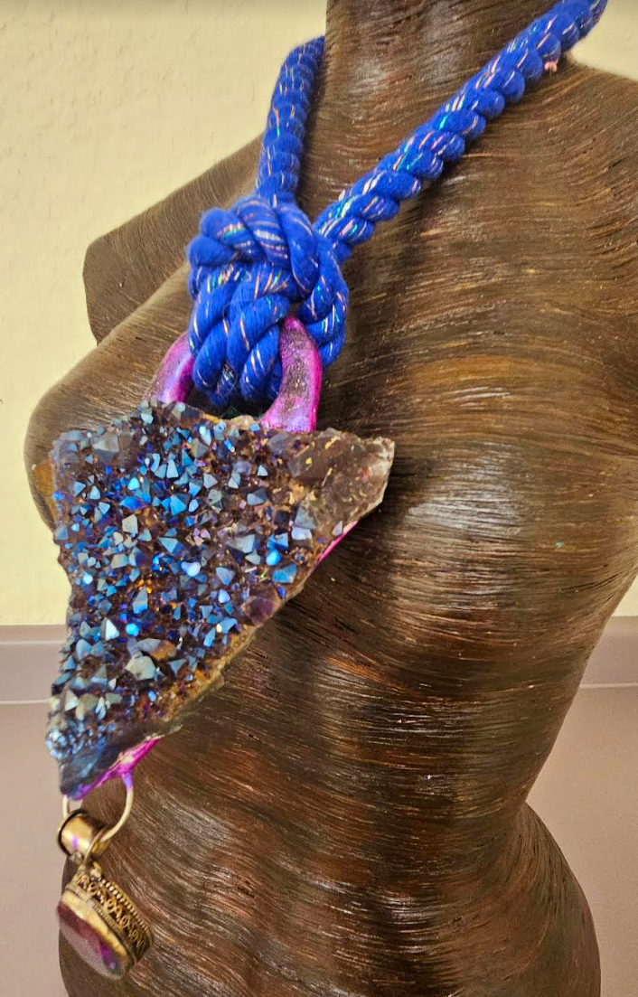 Titanium Aura Quartz Sculpted Statement Gemstone Pendant with Mystic T