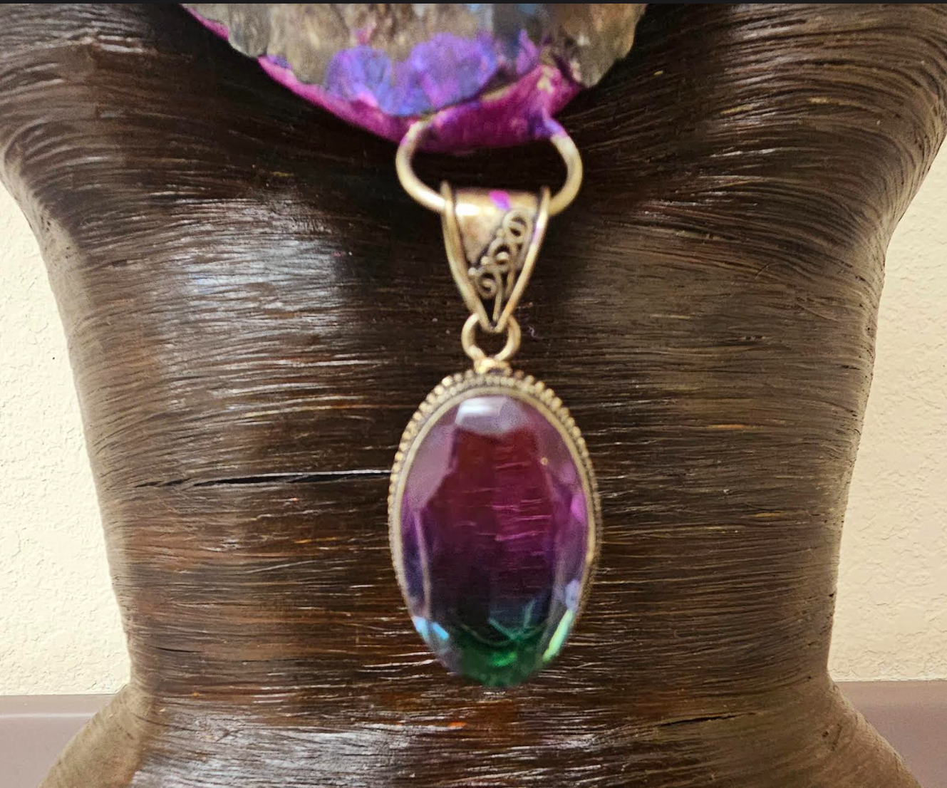 Titanium Aura Quartz Sculpted Statement Gemstone Pendant with Mystic T