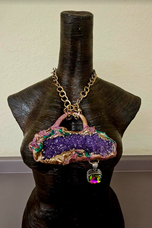 Mystic Topaz & Rough Amethyst Sculpted Gemstone Pendant Flashy Purpl