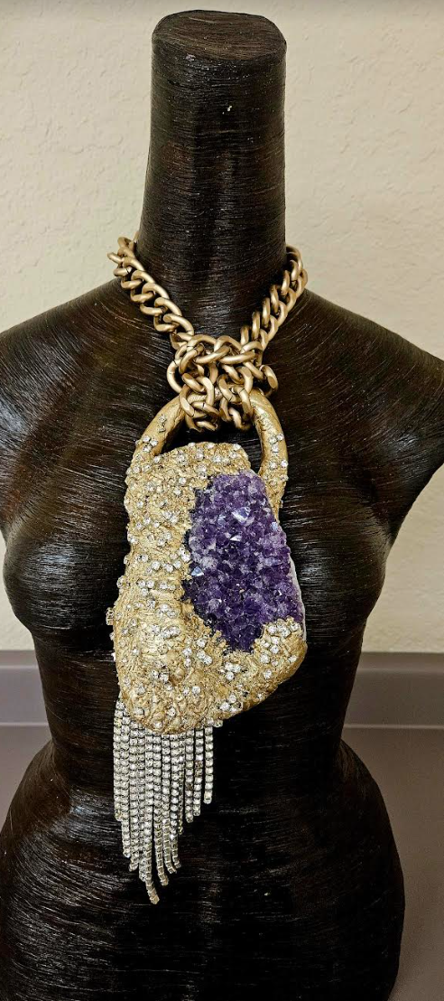 Modern Art Deco Rough Amethyst & Rhinestone Sculpted Gemstone Pendant