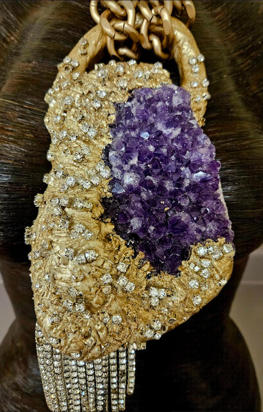 Modern Art Deco Rough Amethyst & Rhinestone Sculpted Gemstone Pendant