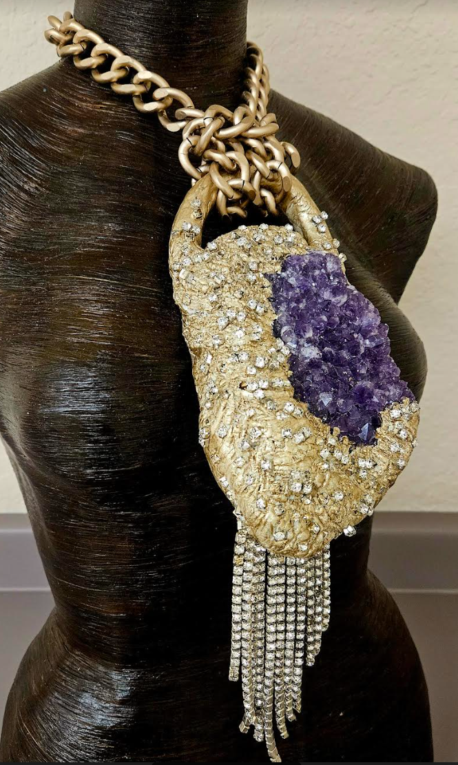 Modern Art Deco Rough Amethyst & Rhinestone Sculpted Gemstone Pendant