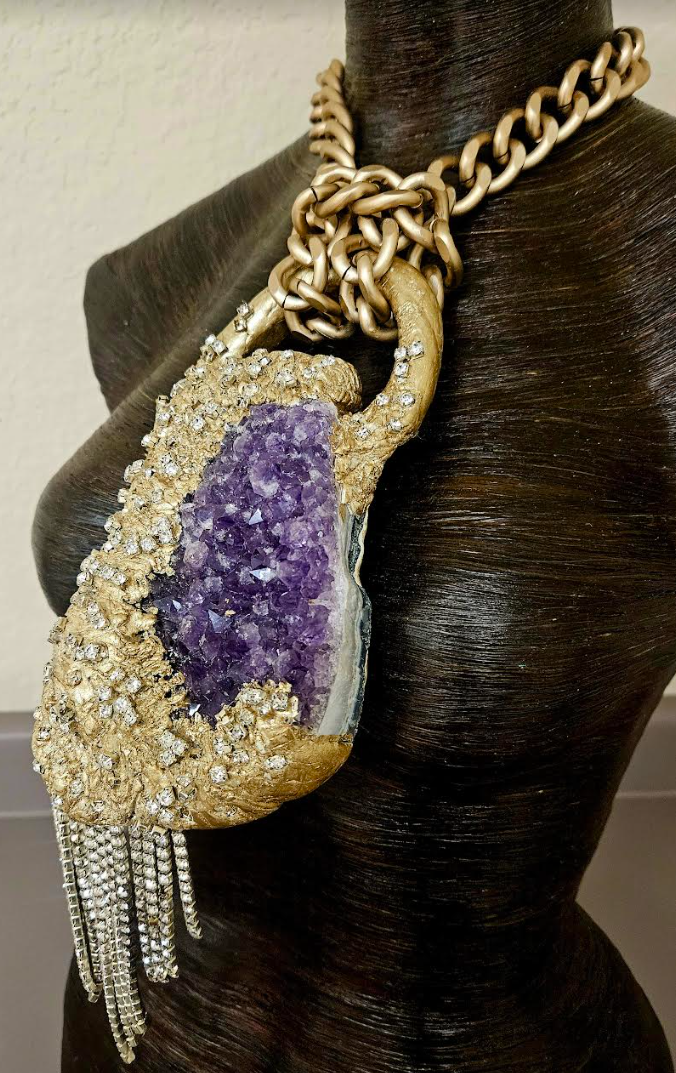 Modern Art Deco Rough Amethyst & Rhinestone Sculpted Gemstone Pendant